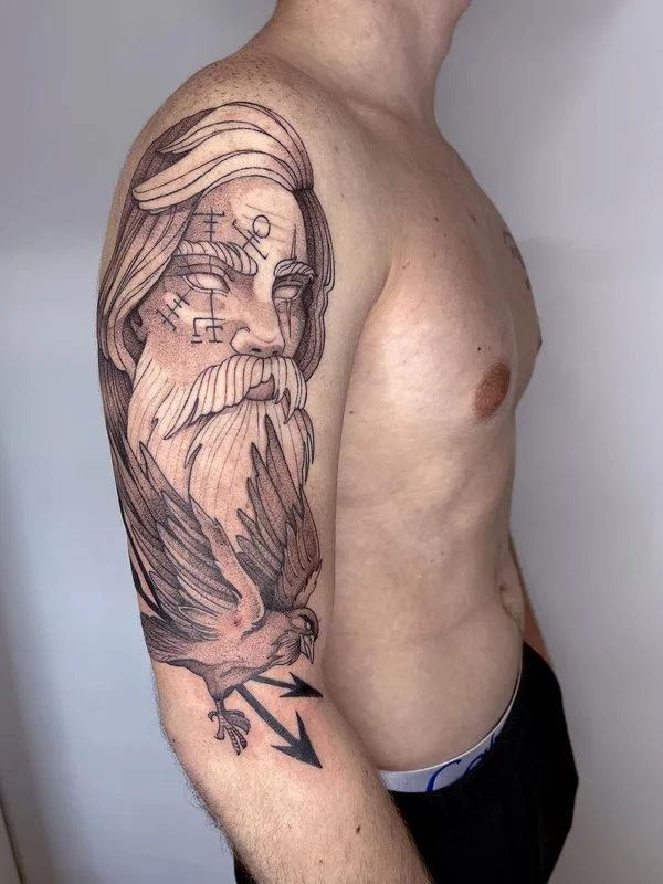 male black and grey blackwork tatouage sur full sleeve #48158 | Artiste tatoueur Mariya Dobroe tatu