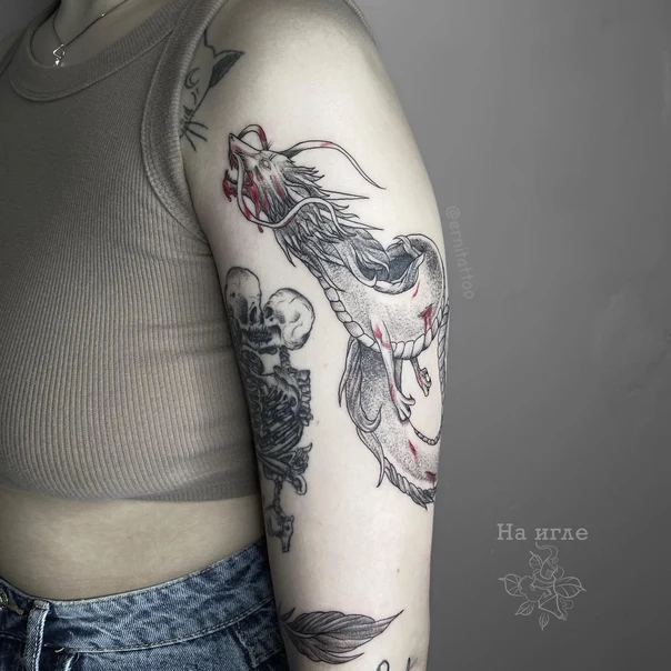 Sketch Dragon, Skeleton tattoo on Forearm