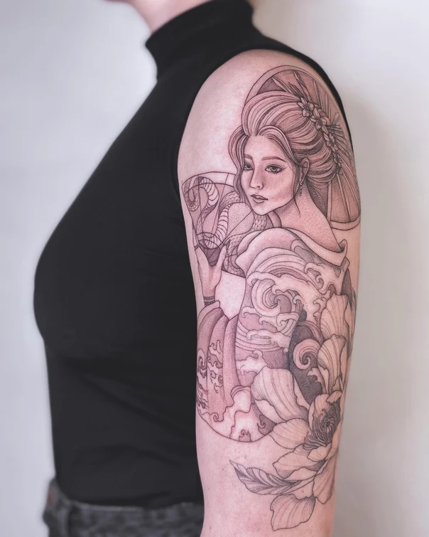 Японская Geisha, Waves tattoo на Полный рукав