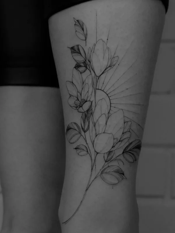 female black and grey fineline татуировка на thigh #48336 | Тату мастер Настя Sidor