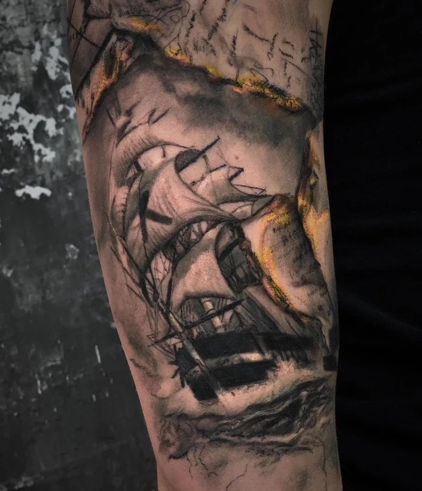 Скетч / Набросочная Ship, Map tattoo на Предплечье