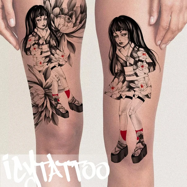 Иллюстративная Geisha, Flowers tattoo на Бедро