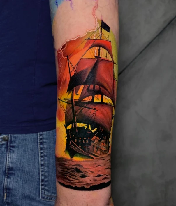 Иллюстративная Ship, Ocean tattoo на Предплечье