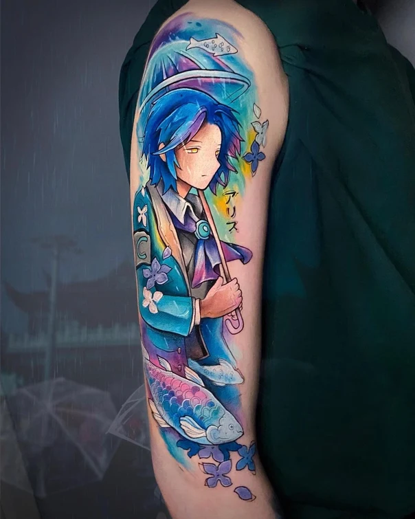 Аниме Anime character, Fish tattoo на Полный рукав