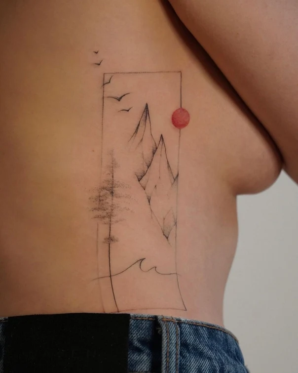 Файнлайн Landscape, Mountains tattoo на Бок