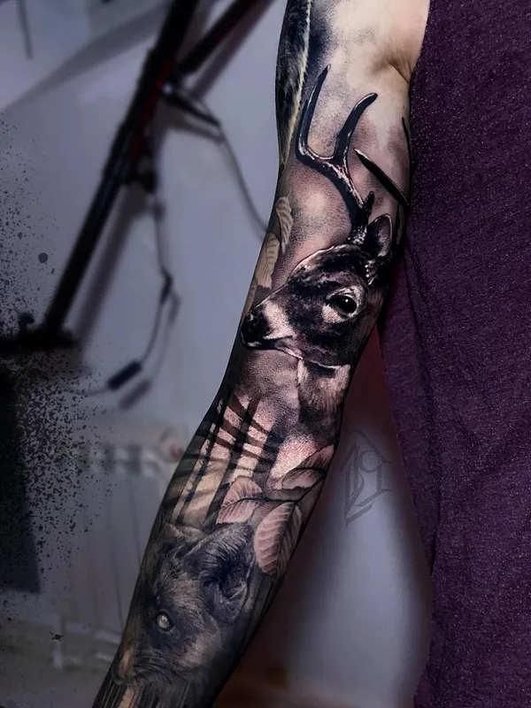 black and grey realism Tatuagem em full sleeve #48764 | Tatuador Любовь Котова