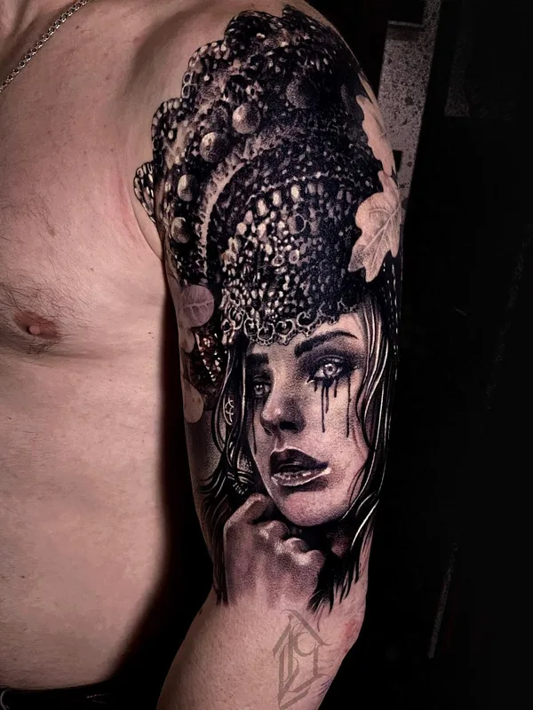 male black and grey realism Tatuagem em full sleeve #48773 | Tatuador Любовь Котова