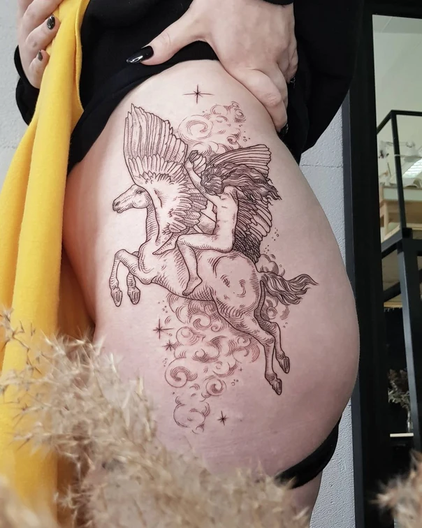 Лайнворк Pegasus, Angel tattoo на Thigh
