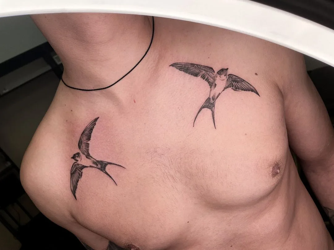 Zwei Schwalben-Tattoos auf der Brust, detailliert in Schwarz-Grau ausgeführt.