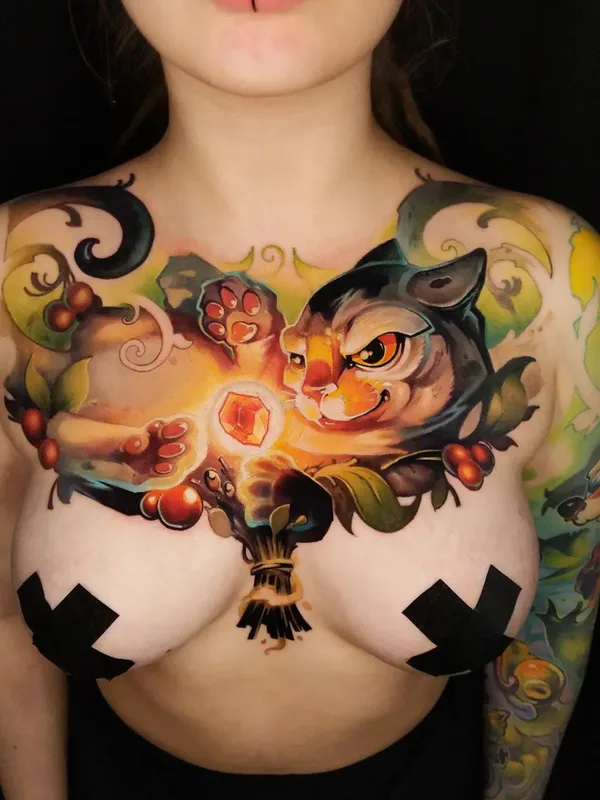 female color illustrative tattoo on chest #49033 | Tattoo Artist Азат Камалетдинов