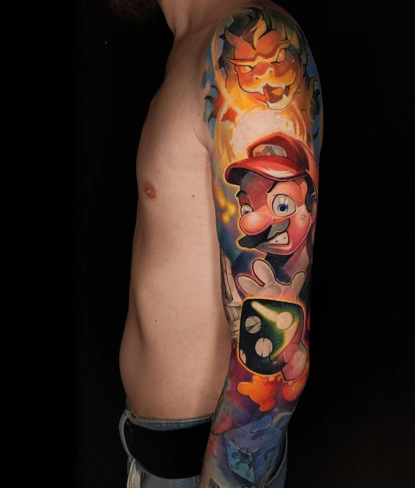 Нью-скул Mario, Bowser tattoo на Полный рукав