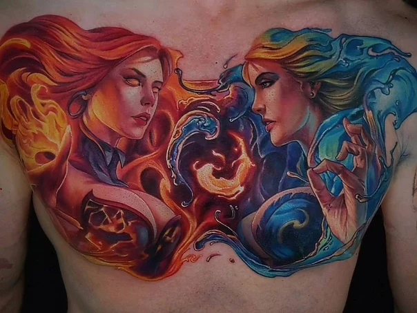 Реализм Woman, Fire tattoo на Грудь
