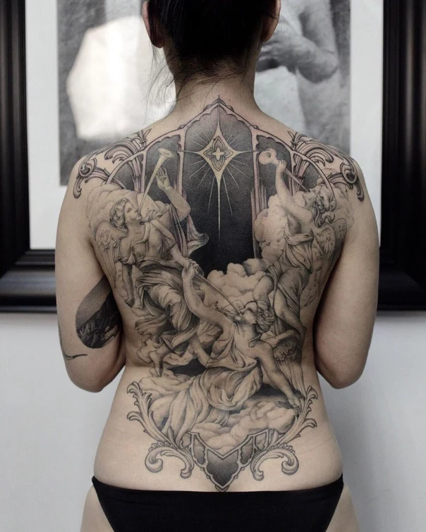 Реализм Angels, Clouds tattoo на Спина (полная)