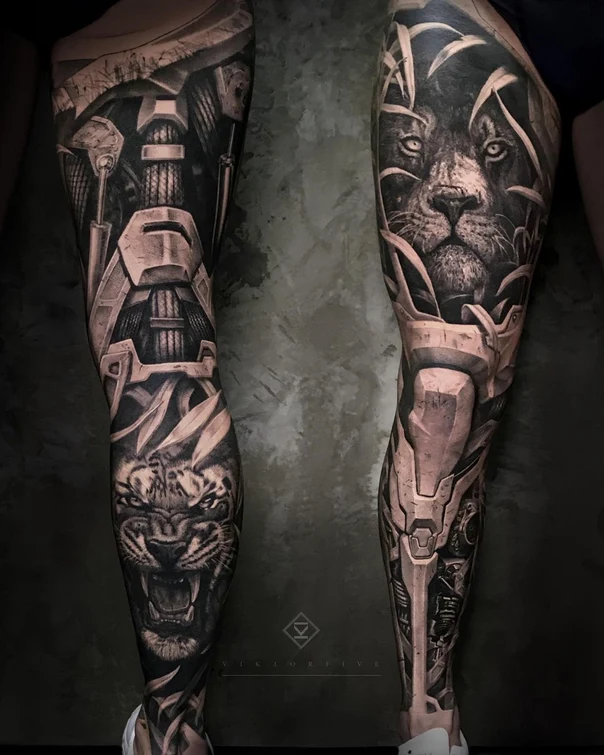 Биомеханика Lion, Tiger tattoo на Full leg