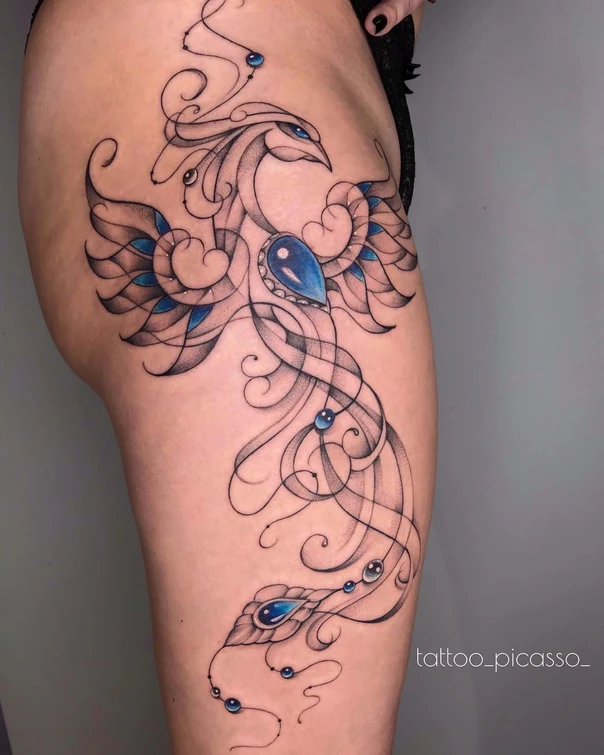 Орнаментальная Phoenix, Jewels tattoo на Бедро