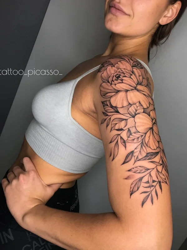 female black and grey botanic 纹身 在 full sleeve #49112 | 纹身师 Александр Яворский