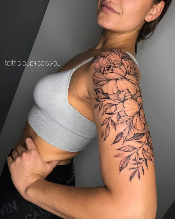 Ботаническая Flower, Leaves tattoo на Полный рукав