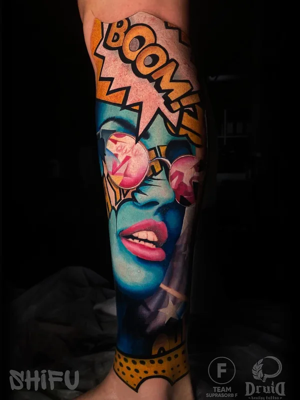 color pop art Tatuaggio su calf #49115 | Tatuatore Владимир Цыцов