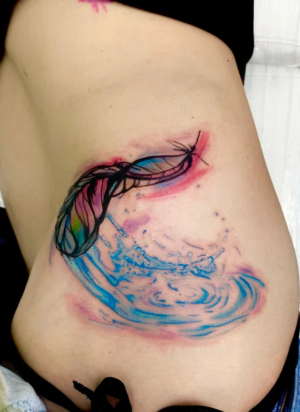 Watercolor Feather, Water tattoo on Side