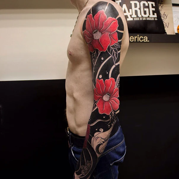 Японская Flower, Wave tattoo на Полный рукав