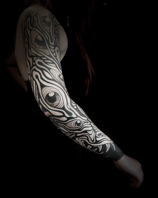 Blackwork Eyes, Abstract tattoo on Full Sleeve