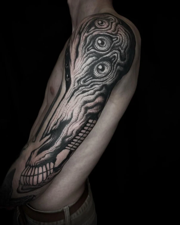 Blackwork Eyes, Skull tattoo on Full Sleeve
