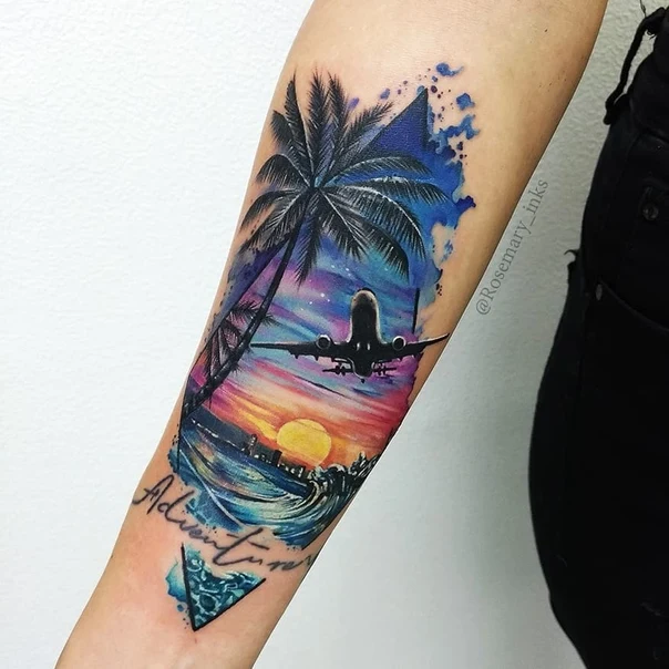 Акварель Palm tree, Airplane tattoo на Предплечье