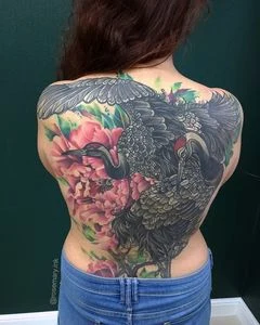 Japanese Crane, Peony tattoo on Full Back