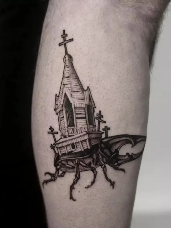 black and grey blackwork Tatuaggio su calf #49381 | Tatuatore Олег Кустов