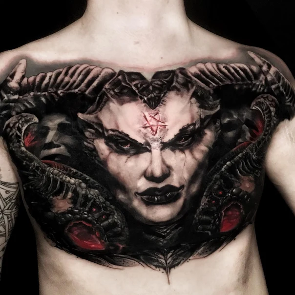 Реализм Demon, Horns tattoo на Грудь