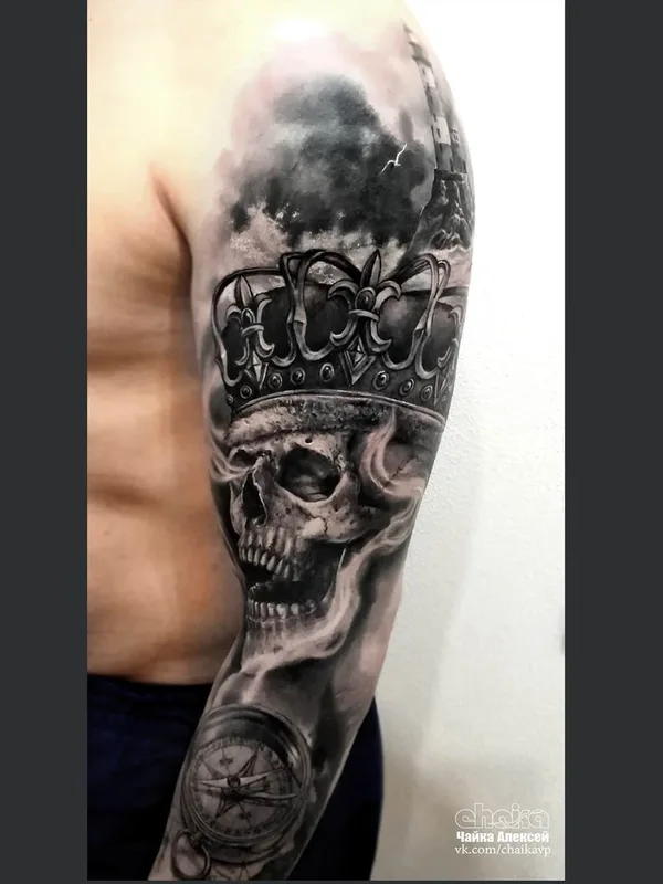 male black and grey realism tatouage sur full sleeve #49468 | Artiste tatoueur Алексей Чайка