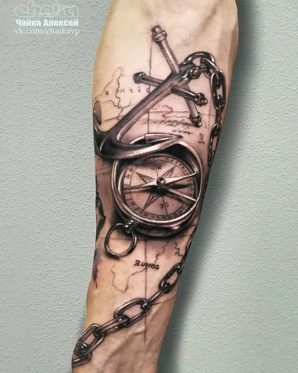 Реализм Anchor, Compass tattoo на Предплечье