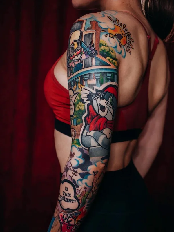 female color cartoon татуировка на full sleeve #49518 | Тату мастер Дмитрий Хирург