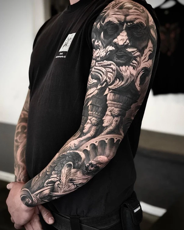 Realism Portrait, Angel tattoo on Full Sleeve