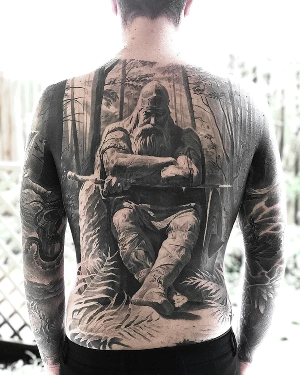 Realism Viking, Forest tattoo on Full Back