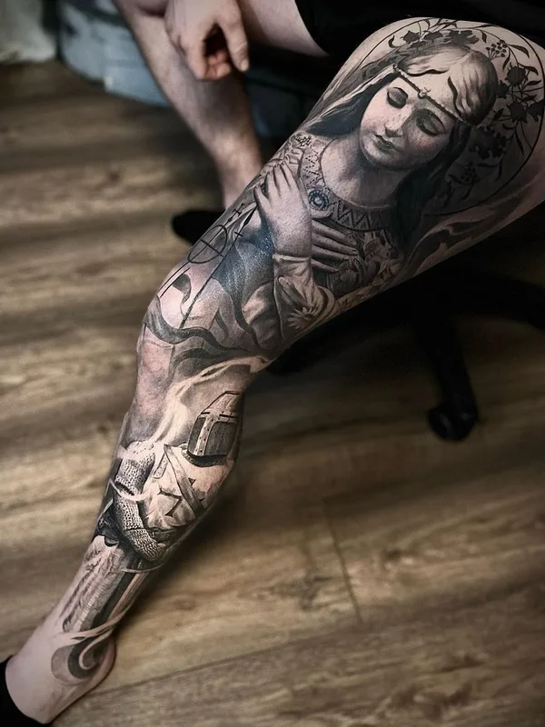 black and grey realism 타투 부위 full leg #61002 | 타투이스트 Ralf Monnerup