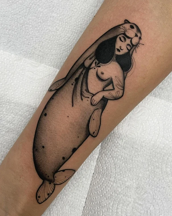 Blackwork Mermaid, Animal tattoo on Forearm