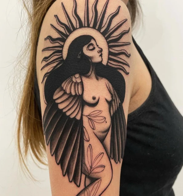 Blackwork Sun, Woman tattoo on Upper Arm