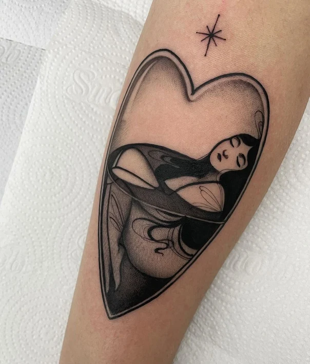 Blackwork Figure, Heart tattoo on Forearm