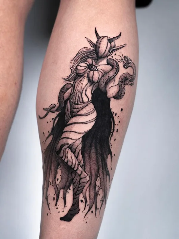 black and grey blackwork tatuaje en calf #61020 | Tatuador doill_blk
