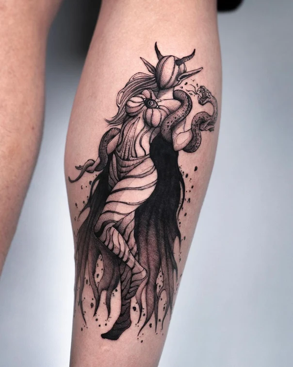 Blackwork Snake, Fantasy tattoo on Calf