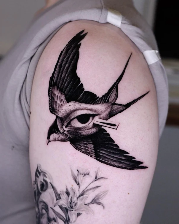 Black & Grey Bird, Eye tattoo on Shoulder