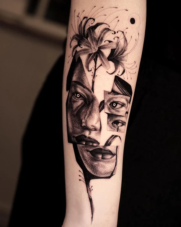 Illustrative Face, Flower tattoo on Forearm