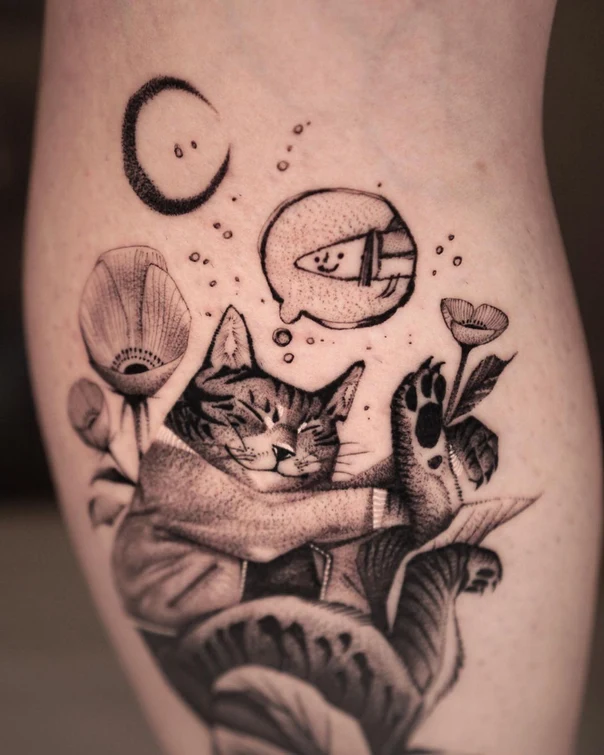 Illustrative Cat, Flowers tattoo on Forearm
