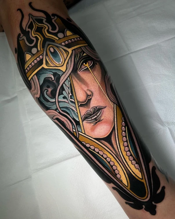 Neo Traditional Face, Crown tattoo on Forearm