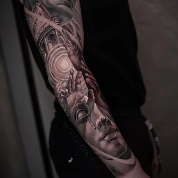 Реализм Portrait, Architecture tattoo на Полный рукав
