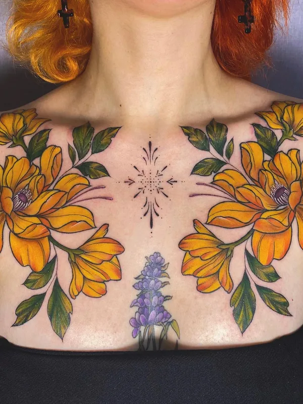 female color botanic 纹身 在 chest #61148 | 纹身师 karentattooart