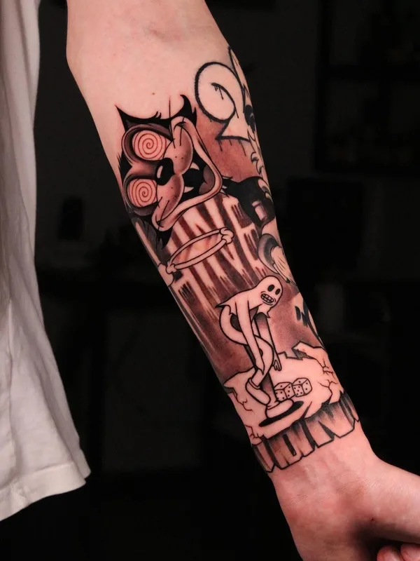 black and grey cartoon Tatuaggio su forearm #61156 | Tatuatore deuce_dxb