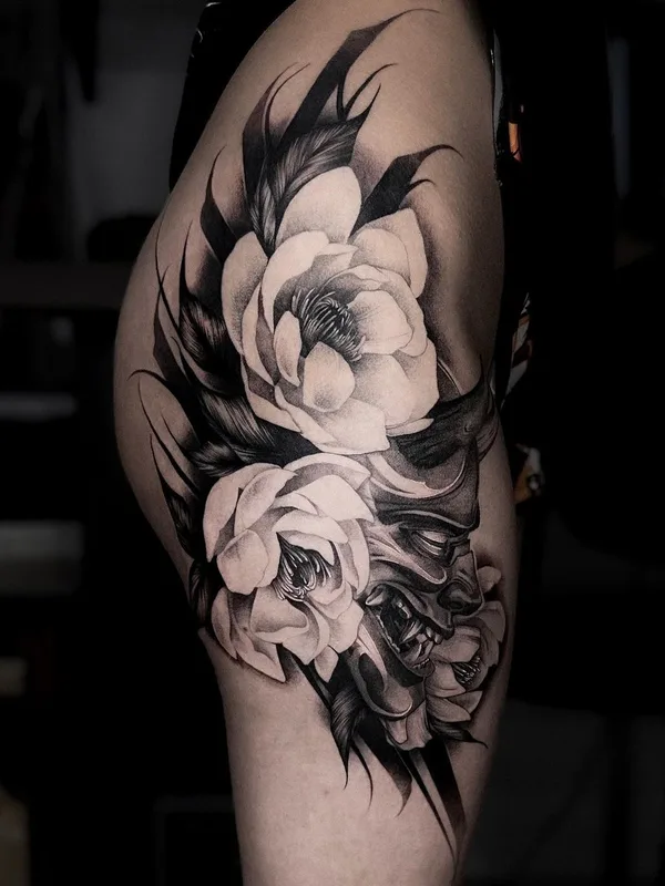 black and grey black and grey татуировка на thigh #61167 | Тату мастер Evgenia Kataewa
