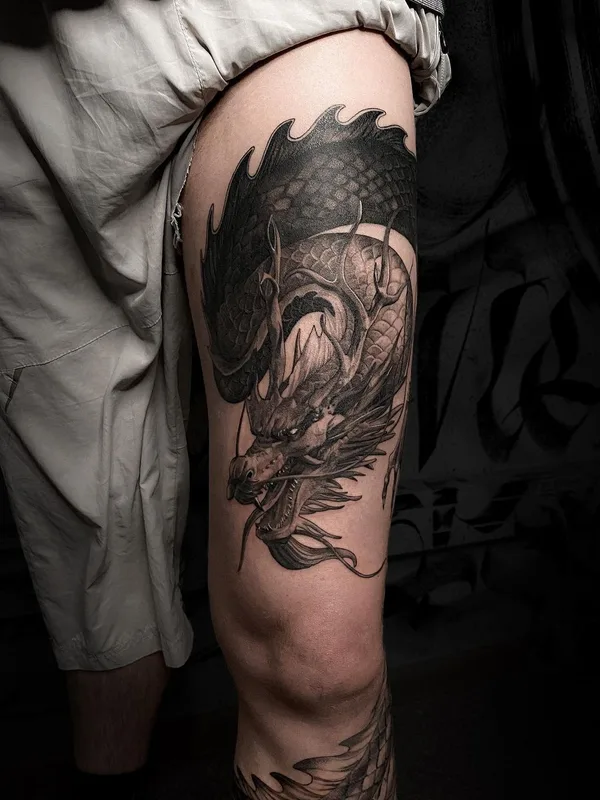 black and grey japanese татуировка на thigh #61166 | Тату мастер Evgenia Kataewa
